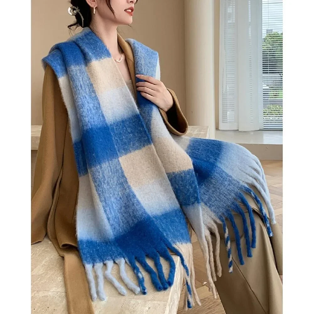 Women's Khaki Blue Winter Warm Long Shawl Cold Weather Thick Blanket Scarf